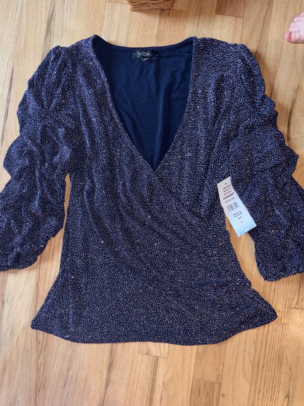 MSK Dark Navy Mock Wrap Blouse with Puff Sleeves